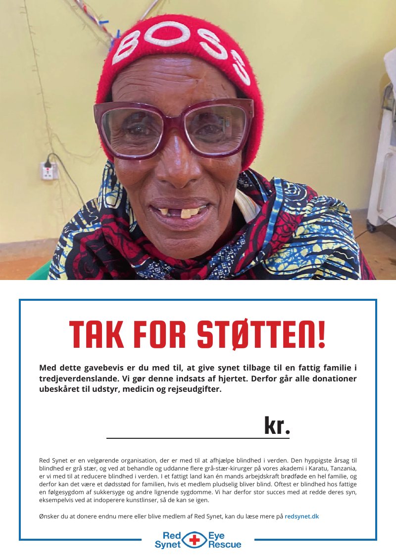 Gavebevis fra Red Synet: "Tak for støtten!" med foto af en glad kvinde med briller